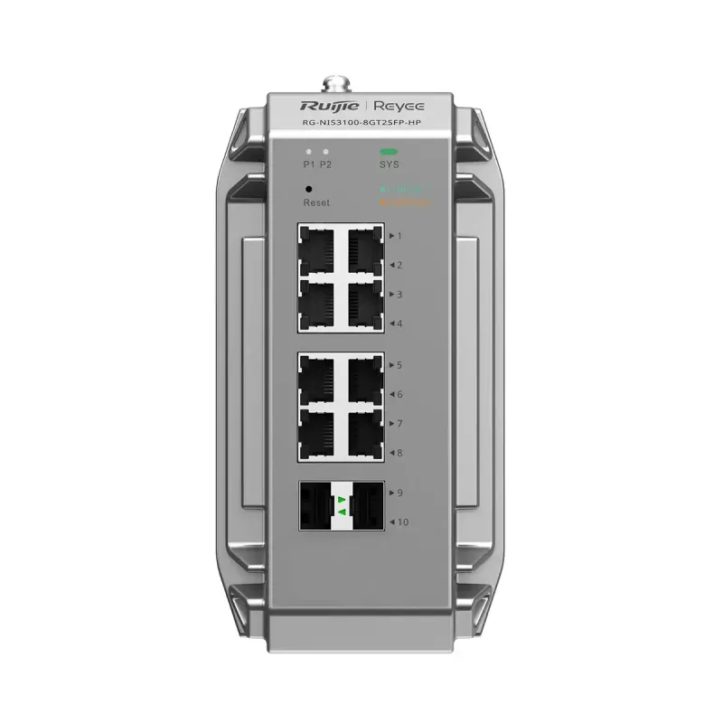 Zarządzalny przełącznik sieciowy L2 Ruijie RG-NIS3100-8GT2SFP-HP — 8× Gigabit RJ-45, 2× SFP, PoE, 12–56 V DC, 20 Gbit/s, 8000 MAC, Szary