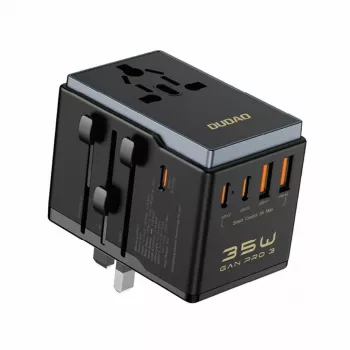 Podróżny adapter Dudao A35Pro 35W z 3× USB-C i 2× USB-A, wielowtyk EU/UK/AUS/US/JP — czarny