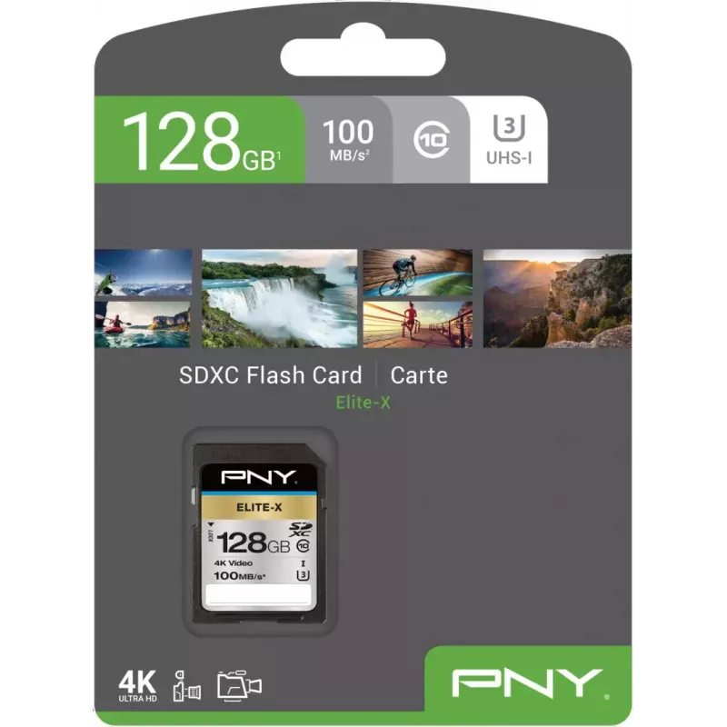 Karta pamięci SDXC PNY Elite-X 128 GB, UHS-I, Klasa 10, U3, 100 MB/s odczyt