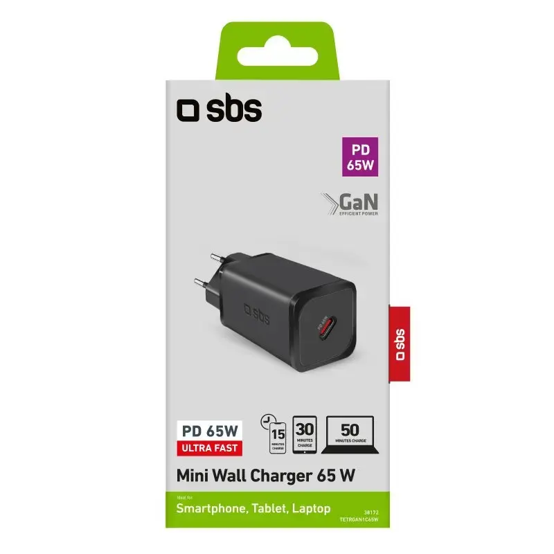 Szybka ładowarka sieciowa SBS Mobile TETRGAN1C65W — 100–240V, 1x USB-C, czarna, do smartfonów, tabletów, laptopów, smartwatchy i słuchawek