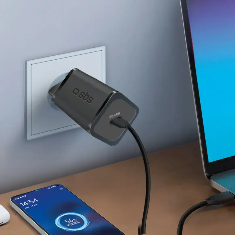 Szybka ładowarka sieciowa SBS Mobile TETRGAN1C65W — 100–240V, 1x USB-C, czarna, do smartfonów, tabletów, laptopów, smartwatchy i słuchawek
