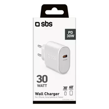 Ładowarka do urządzeń mobilnych SBS Mobile TETR1CPD30 — USB Type-C 1 port, AC do użytku wewnętrznego, wejście 100–240 V, wyjście do 20 V, biała