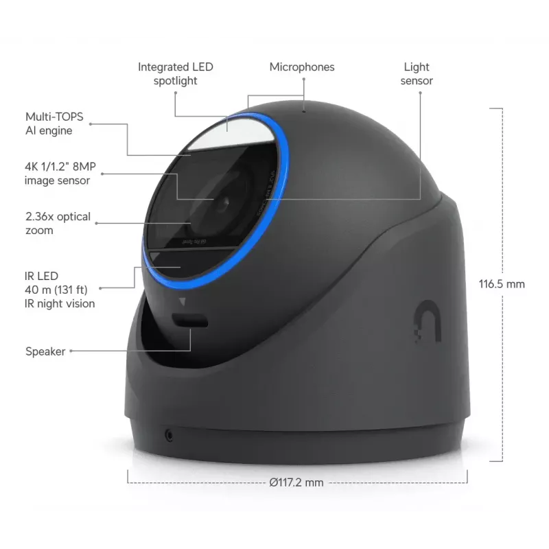 Kamera IP bezpieczeństwa UBIQUITI UVC-G6-Pro-Turret-B — 3840×2160, 1/1.2 cala CMOS, zoom optyczny 2.36×, PoE+, sufit/ściana, wewnątrz/na zewnątrz