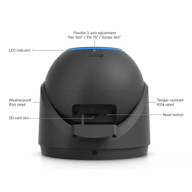 Kamera IP bezpieczeństwa UBIQUITI UVC-G6-Pro-Turret-B — 3840×2160, 1/1.2 cala CMOS, zoom optyczny 2.36×, PoE+, sufit/ściana, wewnątrz/na zewnątrz