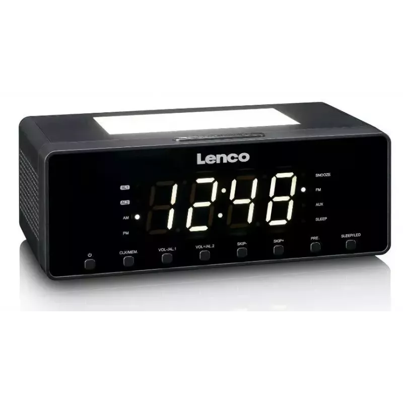 Radiobudzik Lenco CR540BK — budzik FM, wyświetlacz LED 1.2 cala, przyciemniane światło nocne, ładowanie USB, głośniki stereo
