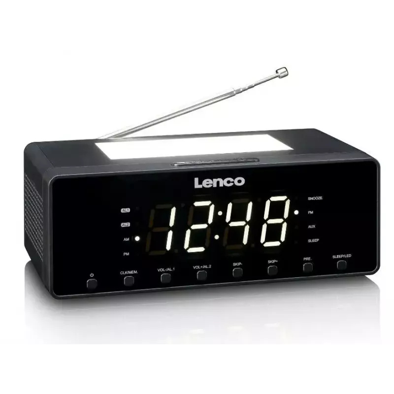 Radiobudzik Lenco CR540BK — budzik FM, wyświetlacz LED 1.2 cala, przyciemniane światło nocne, ładowanie USB, głośniki stereo