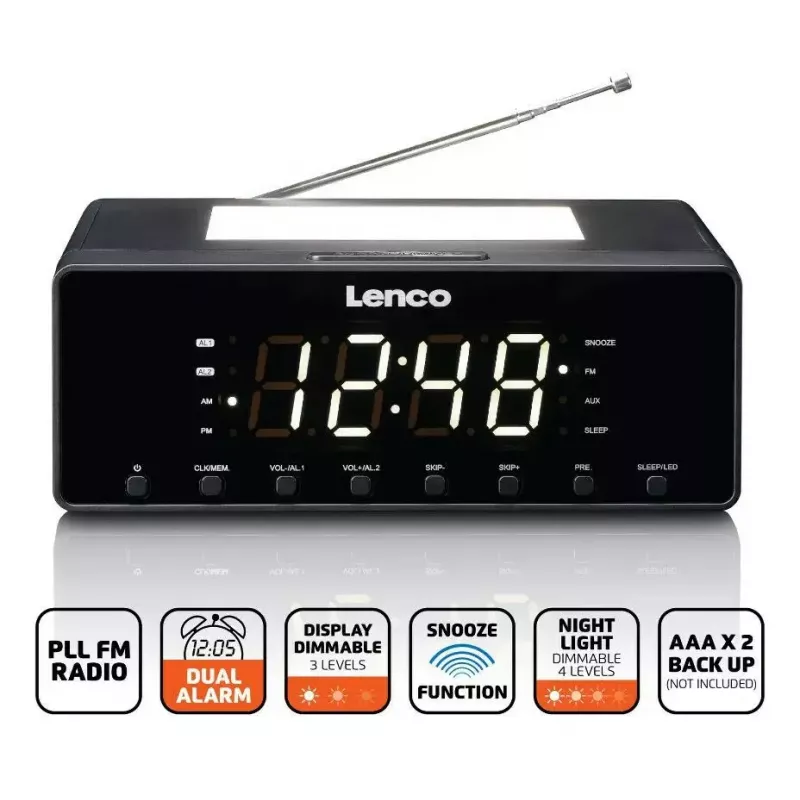 Radiobudzik Lenco CR540BK — budzik FM, wyświetlacz LED 1.2 cala, przyciemniane światło nocne, ładowanie USB, głośniki stereo