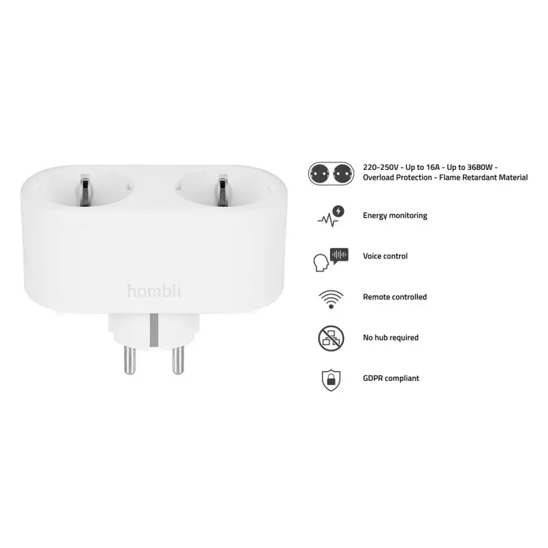 Inteligentna wtyczka Avanca International BV Hombli Smart Socket Duo EU — Wi‑Fi, 220–250 V, 50–60 Hz, 3540 W, wewnętrzna, biała