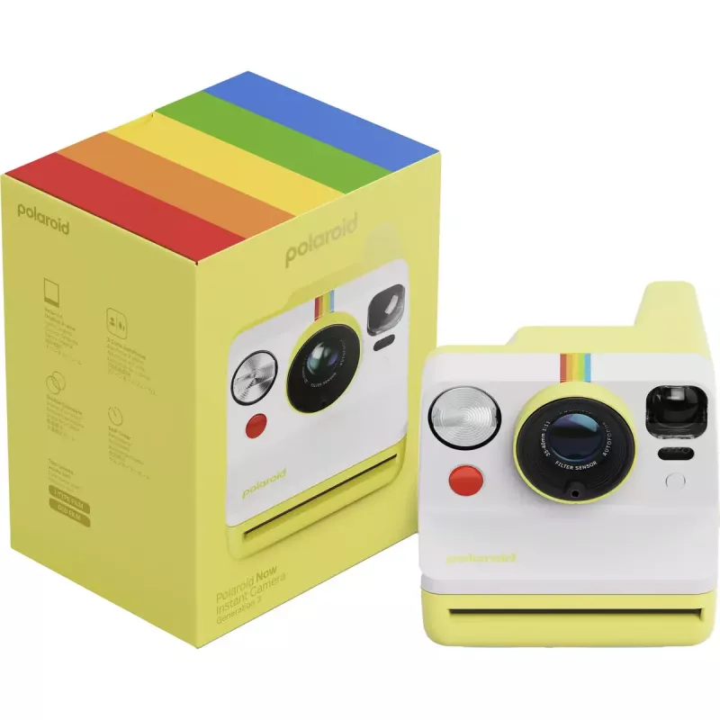 Aparat natychmiastowy POLAROID Now Gen 3 żółty – model 9158, analogowy aparat do natychmiastowego druku, zintegrowana lampa błyskowa