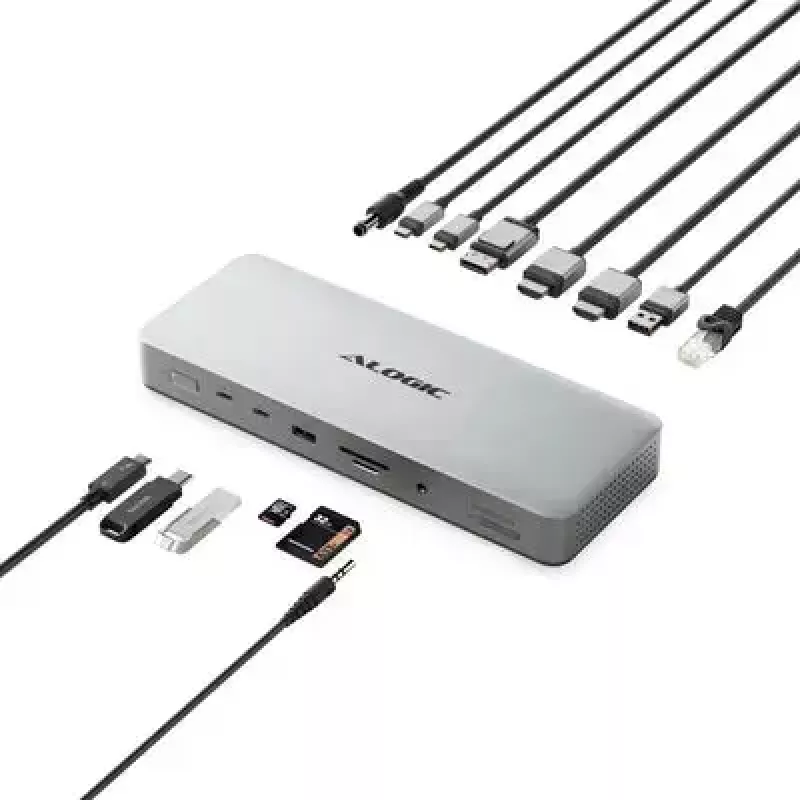 Stacja dokująca / replikator portów do laptopa ALOGIC TB4DU4 — przewodowa Thunderbolt, 96 W, czytnik SD/MicroSD, 3,5 mm, aluminium/ABS