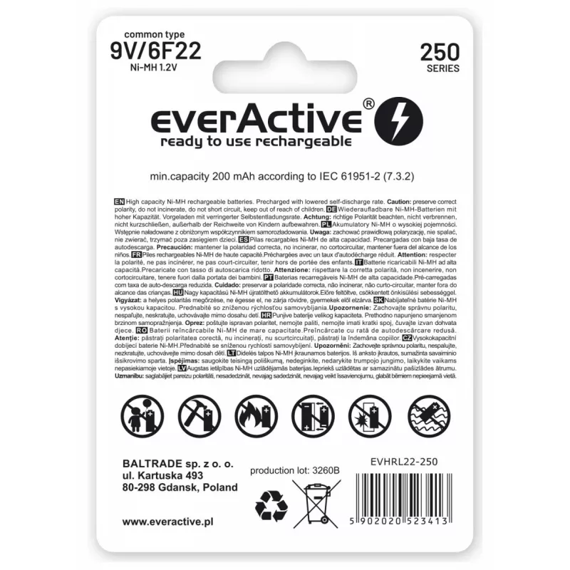 Akumulatory everActive Ni-MH 6F22 9V 250 mAh srebrny Line