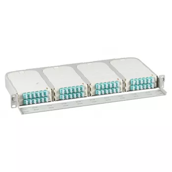 Nośnik do montażu w szafie rack 1U dla modułów FTTH EFB Elektronik FTTH-BGT-1HE — 19 cali 48,3 cm, mieści 8 gniazd modułów, przednia taca kablowa, do 96 portów LC na 1U