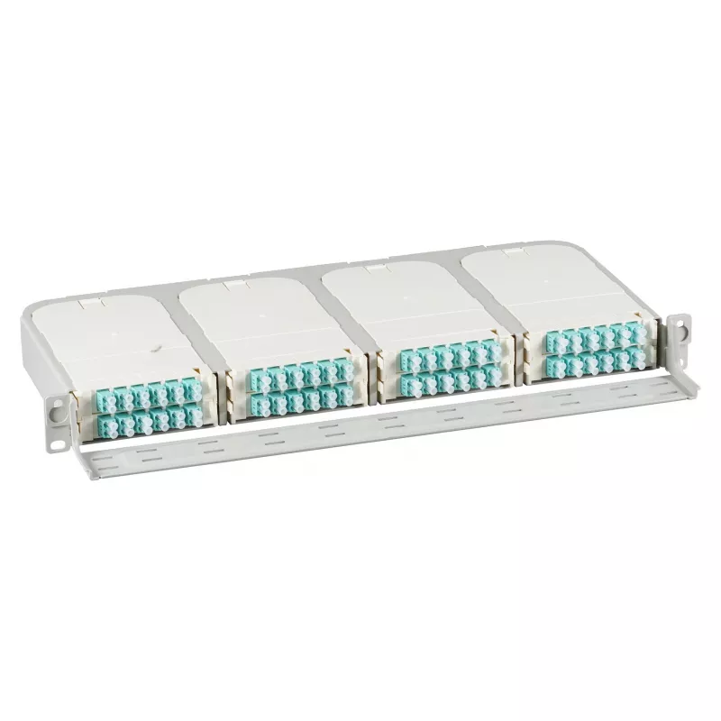 Nośnik do montażu w szafie rack 1U dla modułów FTTH EFB Elektronik FTTH-BGT-1HE — 19 cali 48,3 cm, mieści 8 gniazd modułów, przednia taca kablowa, do 96 portów LC na 1U