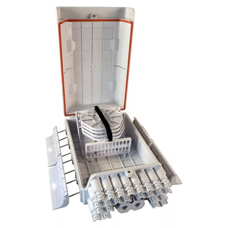 FTTH IP65 zewnętrzna światłowodowa puszka rozgałęźna Producent FTTH-BOX-OUT-5 dla 48 włókien, 24 adapterów, tacka spawów w zestawie