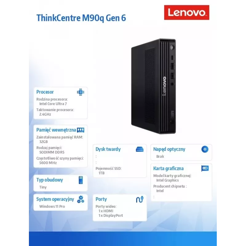 Komputer ThinkCentre M90q Tiny G6 13AC000EPB W11Pro Ultra 7 265/2x16GB/1TB/INT/vPro/Czarny/3LATA OS + 1 rok Premier