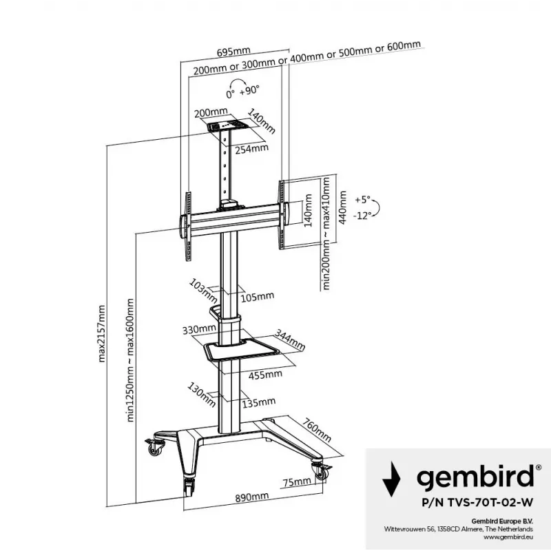 Stojak podłogowy do telewizora 37-70/biały TVS-70T-02-W Gembird