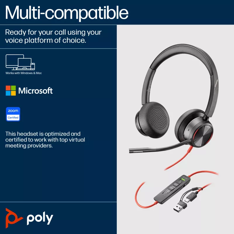 HP Poly Czarnywire 8225 Stereofoniczny zestaw słuchawkowy USB-C + adapter USB-C/A