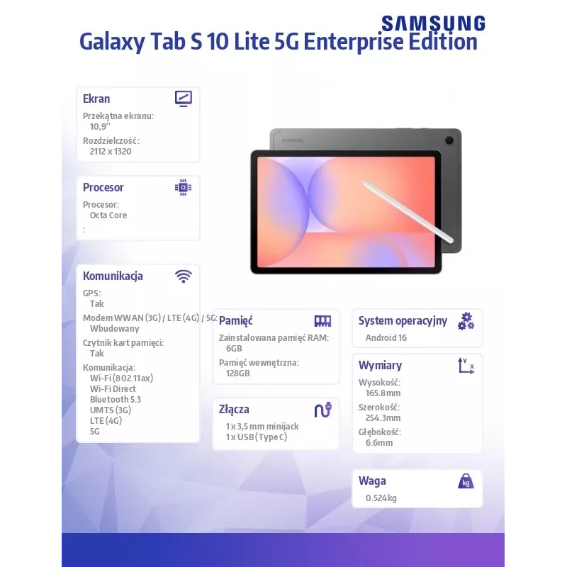 Tablet Galaxy Tab S 10 Lite X400EE 10,9 cali 5G 6/128GB Enterprise Edition szary
