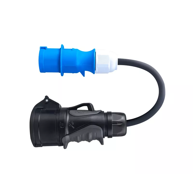 Adapter z czerwonego gniazda CEE 16A 400V 5-biegunowego na niebieską wtyczkę CEE 16A 230V 3P