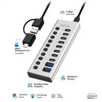 Hub USB 3.2 Gen1 10 portów USB-A/C, przełącznik włącz/wyłącz