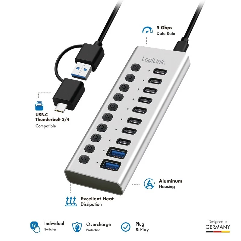 Hub USB 3.2 Gen1 10 portów USB-A/C, przełącznik włącz/wyłącz