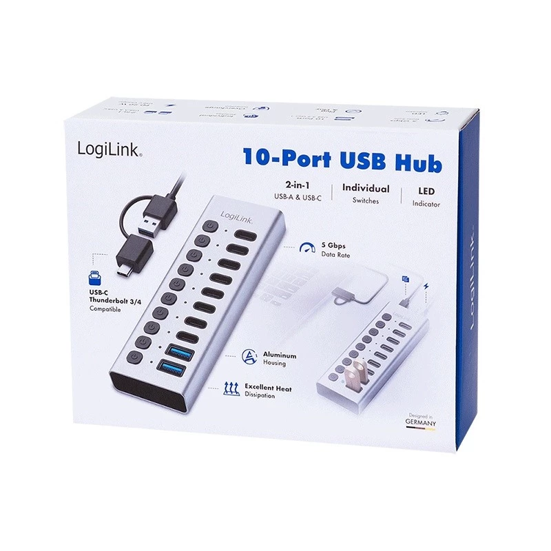 Hub USB 3.2 Gen1 10 portów USB-A/C, przełącznik włącz/wyłącz