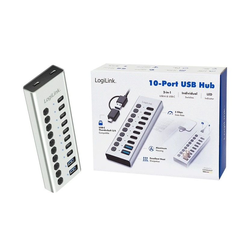 Hub USB 3.2 Gen1 10 portów USB-A/C, przełącznik włącz/wyłącz