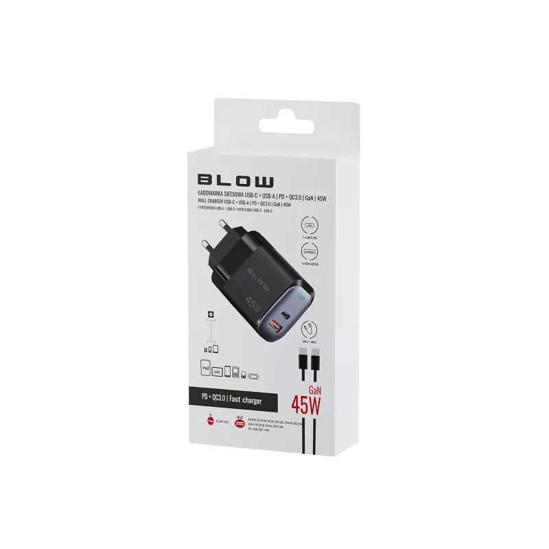 Ładowarka ścienna USB-A USB-C PD 45W + kabel