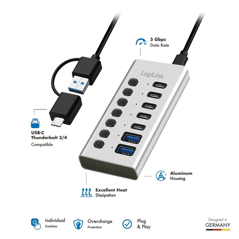 Hub USB 3.2 Gen1 7 portów USB-A/C, przełącznik włącz/wyłącz