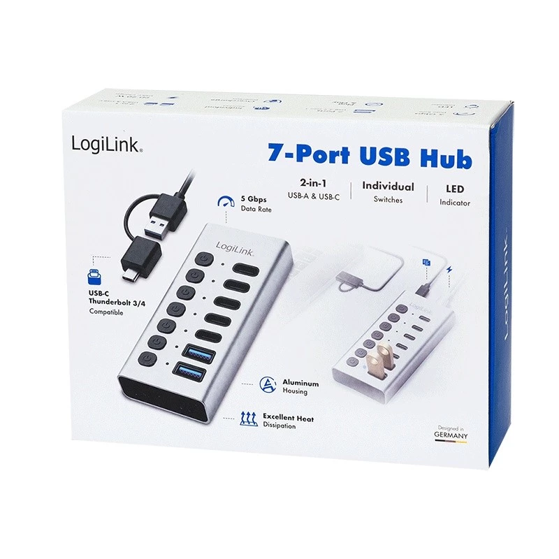 Hub USB 3.2 Gen1 7 portów USB-A/C, przełącznik włącz/wyłącz