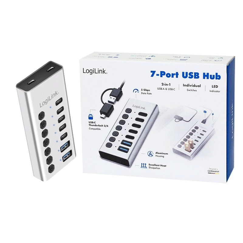 Hub USB 3.2 Gen1 7 portów USB-A/C, przełącznik włącz/wyłącz