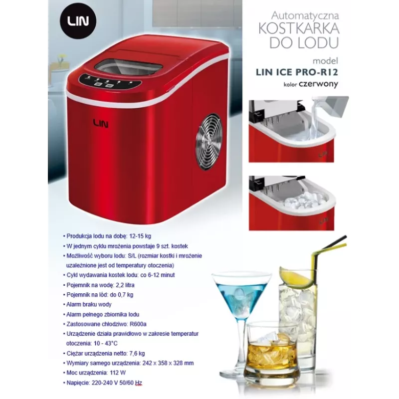 Przenośna kostkarka do lodu LIN ICE PRO-R12 czerwona