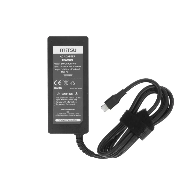 Zasilacz do laptopa 65W USB-C 5V-9V-12V-15V-20V/3A, 20V/3.25A PD