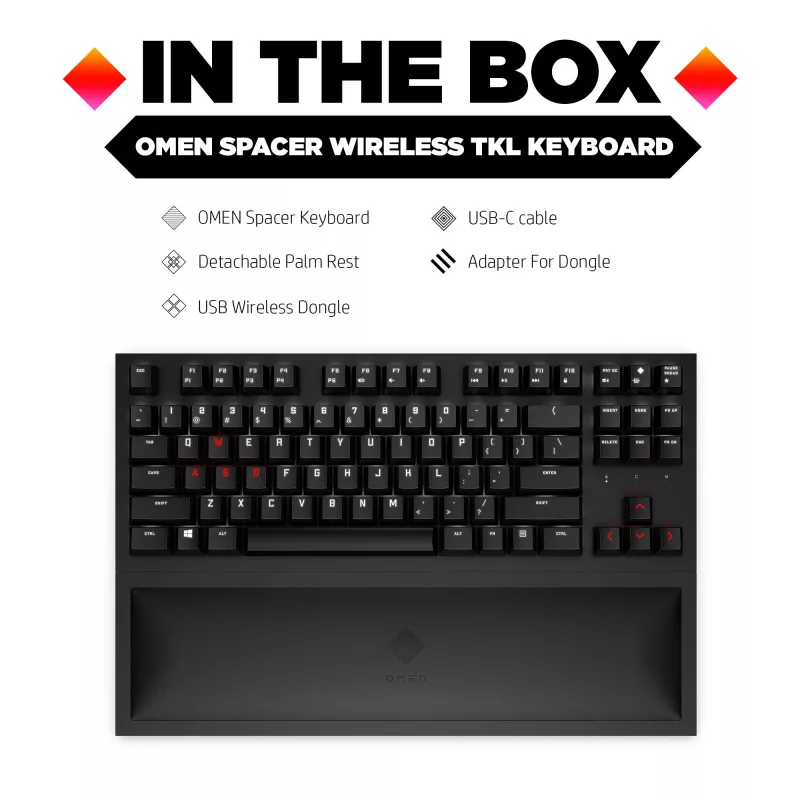 Klawiatura HP OMEN Spacer Wireless TKL, pełnowymiarowa (100%), bezprzewodowa, RF, mechaniczna, czarna