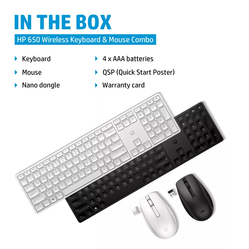Klawiatura i mysz HP 650 Wireless Combo, pełnowymiarowa (100%), bezprzewodowa, RF Wireless, membranowa, czarna, mysz w zestawie