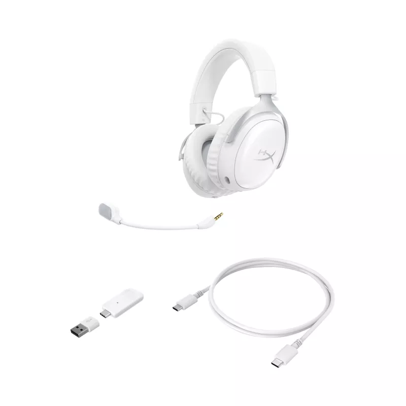 HyperX Cloud III S - Bezprzewodowy zestaw słuchawkowy do gier (biały), bezprzewodowy, 20–20000 Hz, gamingowy, 340 g, zestaw słuchawkowy, biały