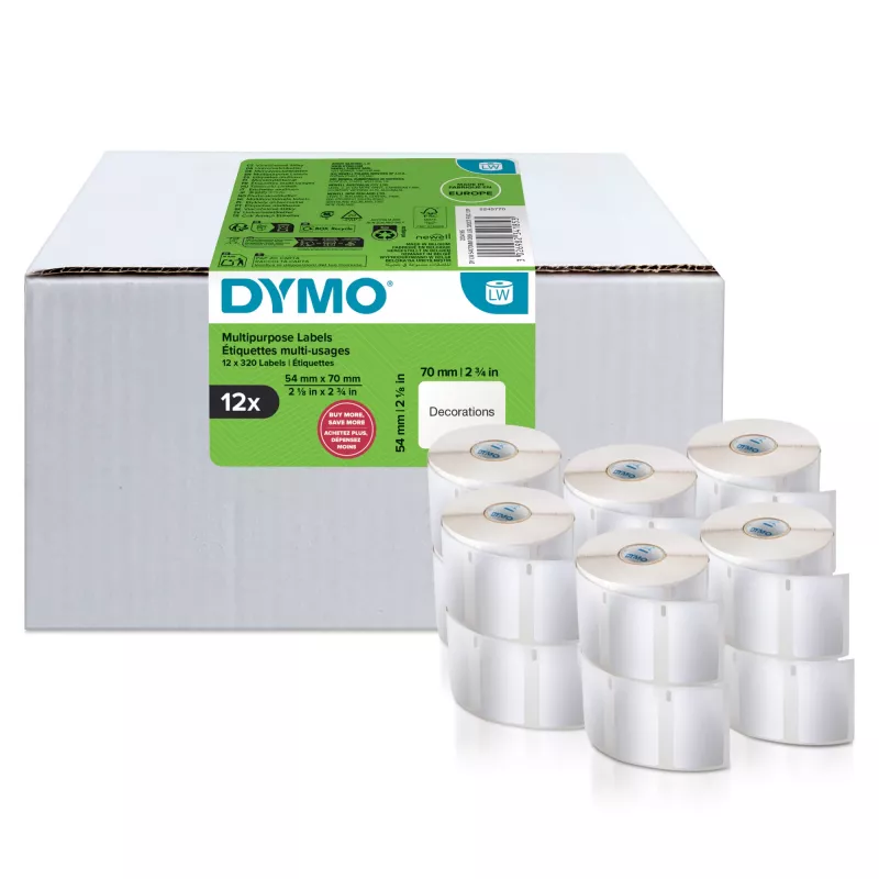 Authentyczne etykiety DYMO LabelWriter Wielofunkcyjne | 54 mm x 70 mm | Samoprzylepne | 12 rolek po 320 etykiet Easy-Peel (łącznie 3840 szt.) | do drukarek etykiet LabelWriter | Wyprodukowano w Europie