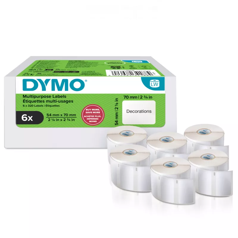 Autentyczne etykiety DYMO LabelWriter Multi-Purpose | 54 mm x 70 mm | Samoprzylepne | 6 rolek po 320 etykiet Easy-Peel (łącznie 1920 szt.) | do drukarek etykiet LabelWriter | Wyprodukowano w Europie