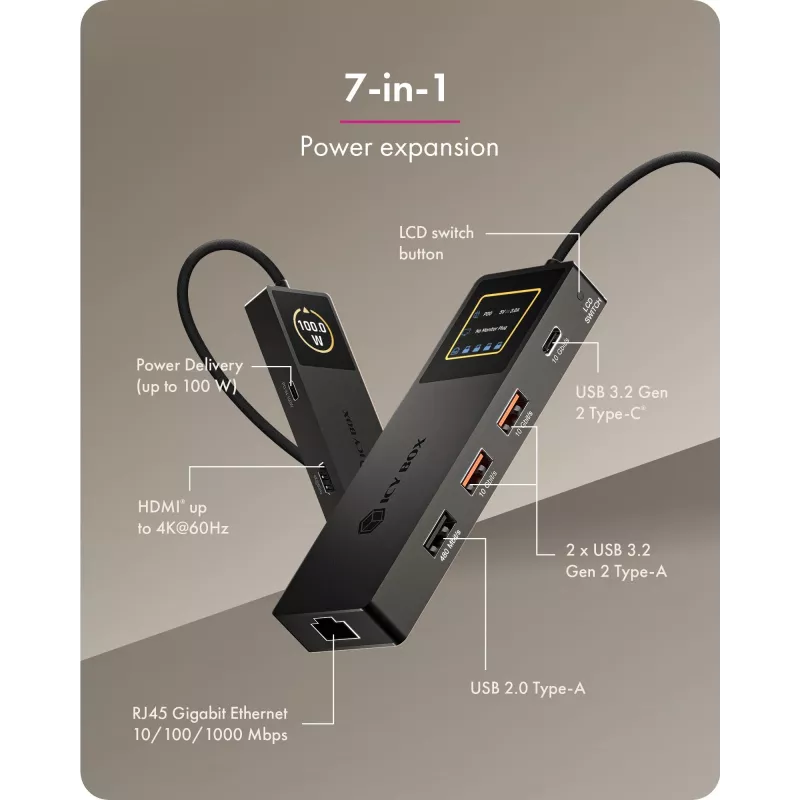 ICY BOX Spade Dock 4038, 7-w-1 stacja dokująca z wyświetlaczem LCD i PD 100 W