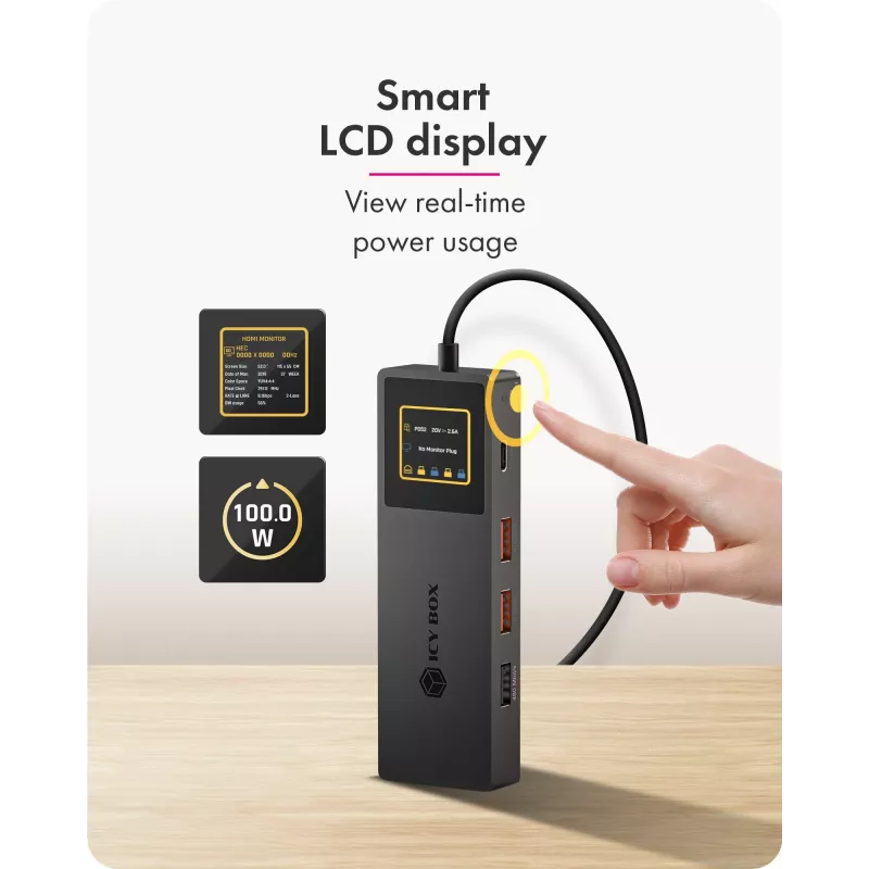 ICY BOX Spade Dock 4038, 7-w-1 stacja dokująca z wyświetlaczem LCD i PD 100 W