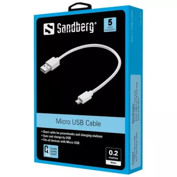 Sandberg MicroUSB Sync/ChargeCable 0,2 m, 0,2 m, USB A, Micro-USB B, USB 2.0, Biały
