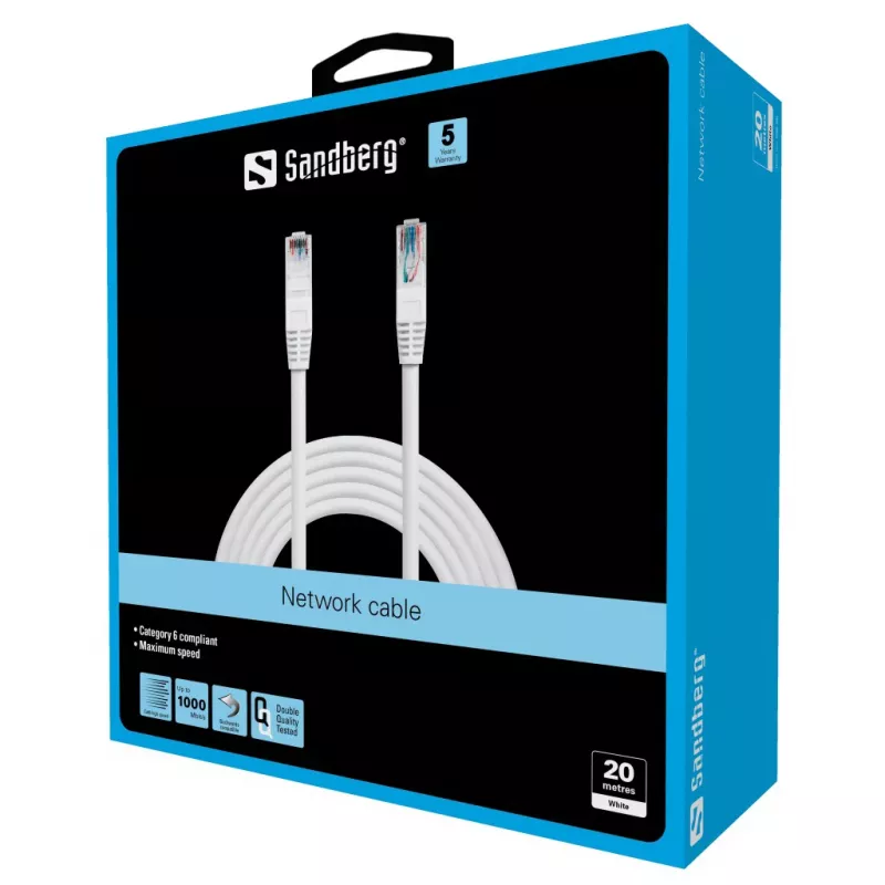 Sandberg Kabel sieciowy UTP Cat6 20 m, 20 m, Cat6, U/UTP (UTP), RJ-45, RJ-45, Biały