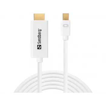 Sandberg MiniDP 1.2 > HDMI 4K 2m, 2 m, Kabel Mini DisplayPort na HDMI, Wtyk męski, Wtyk męski, Biały