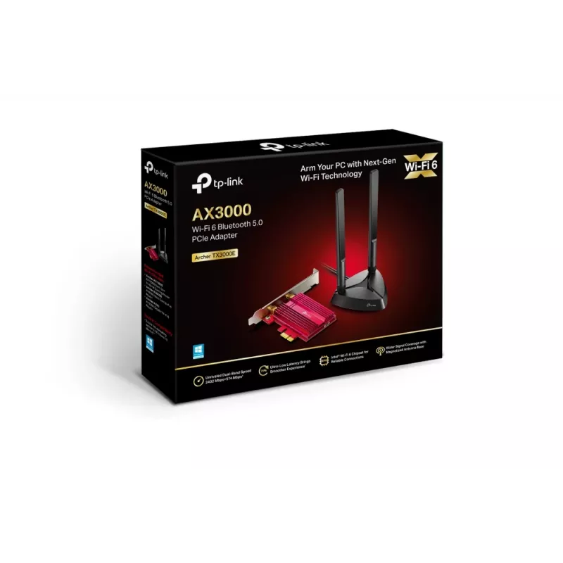 TP-Link AX3000 Wi-Fi 6 Bluetooth 5.0 PCIe Adapter, wewnętrzny, bezprzewodowy, PCI Express, WLAN / Bluetooth, 2402 Mbit/s, czarny, czerwony