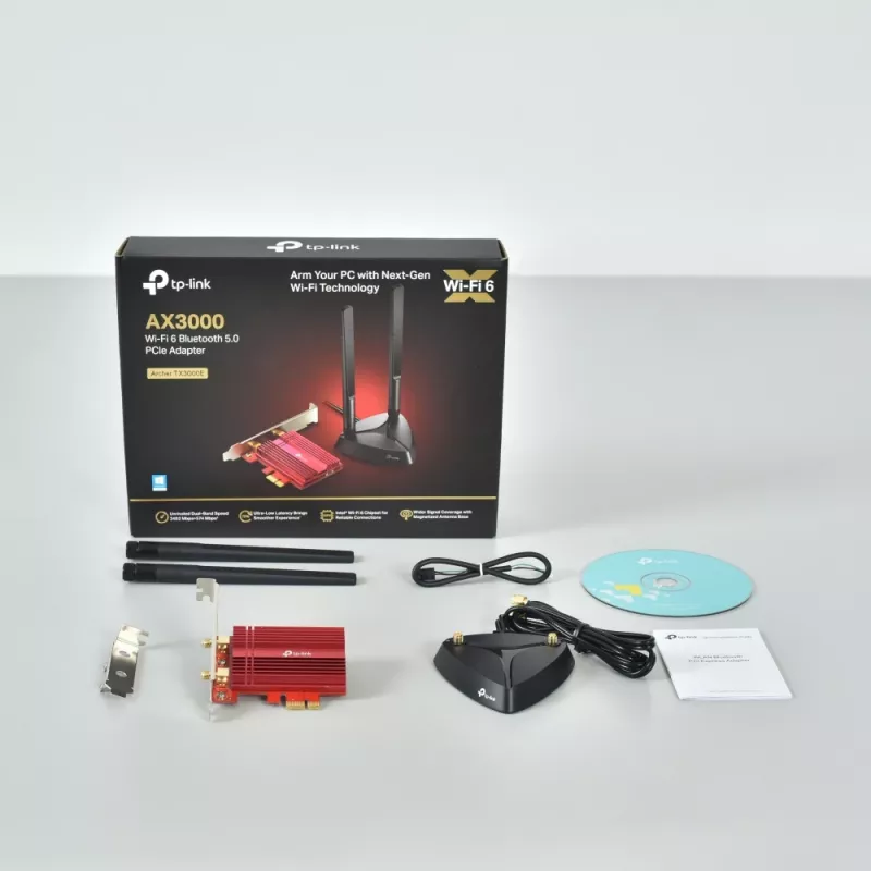 TP-Link AX3000 Wi-Fi 6 Bluetooth 5.0 PCIe Adapter, wewnętrzny, bezprzewodowy, PCI Express, WLAN / Bluetooth, 2402 Mbit/s, czarny, czerwony