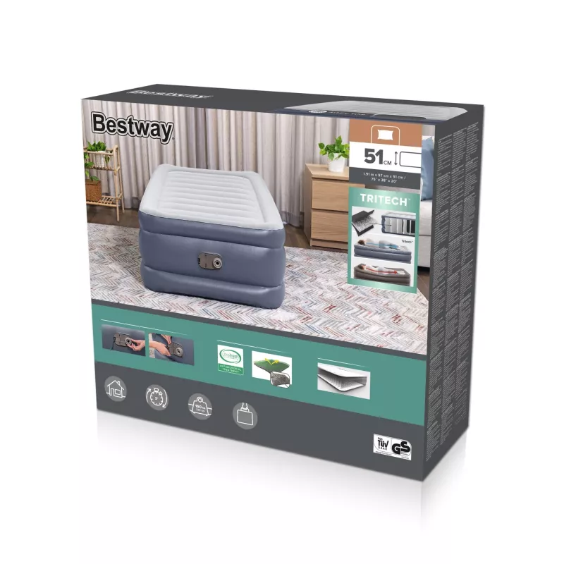 Bestway Tritech Air Mattress Twin z wbudowaną pompą AC i powłoką antybakteryjną 1,91 m x 97 cm x 51 cm