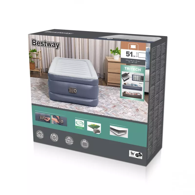 Bestway Tritech Air Mattress Twin z wbudowaną pompą AC i powłoką antybakteryjną 1,91 m x 97 cm x 51 cm