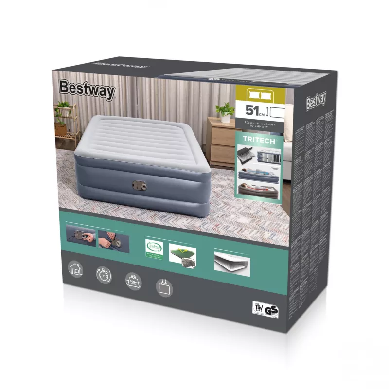Materac powietrzny Bestway Tritech Queen z wbudowaną pompą AC i powłoką antybakteryjną 2,03 m x 1,52 m x 51 cm