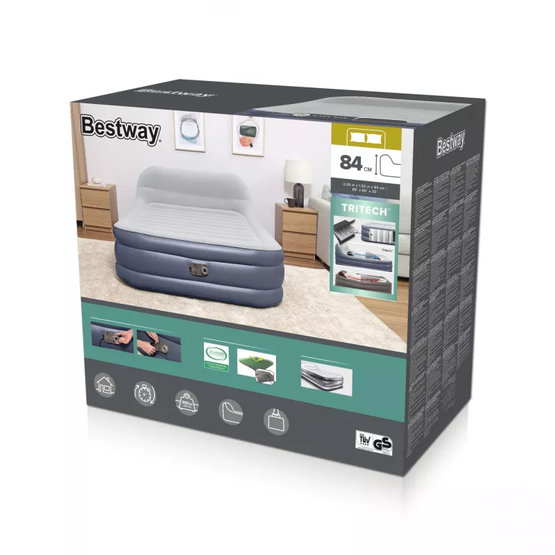 Bestway Tritech SleekFlow Air Mattress z zagłówkiem Queen z wbudowaną pompą AC i powłoką antybakteryjną 2,26 m x 1,52 m x 84 cm
