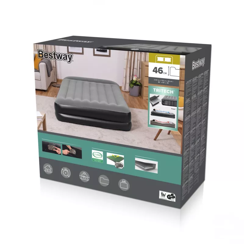 Materac powietrzny Bestway Tritech Queen z wbudowaną pompą AC i powłoką antybakteryjną 2,03 m x 1,52 m x 46 cm